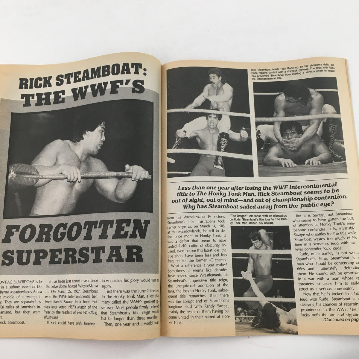Inside Wrestling Magazine July 1988 article on Rick Steamboat highlighting his career and match moments.