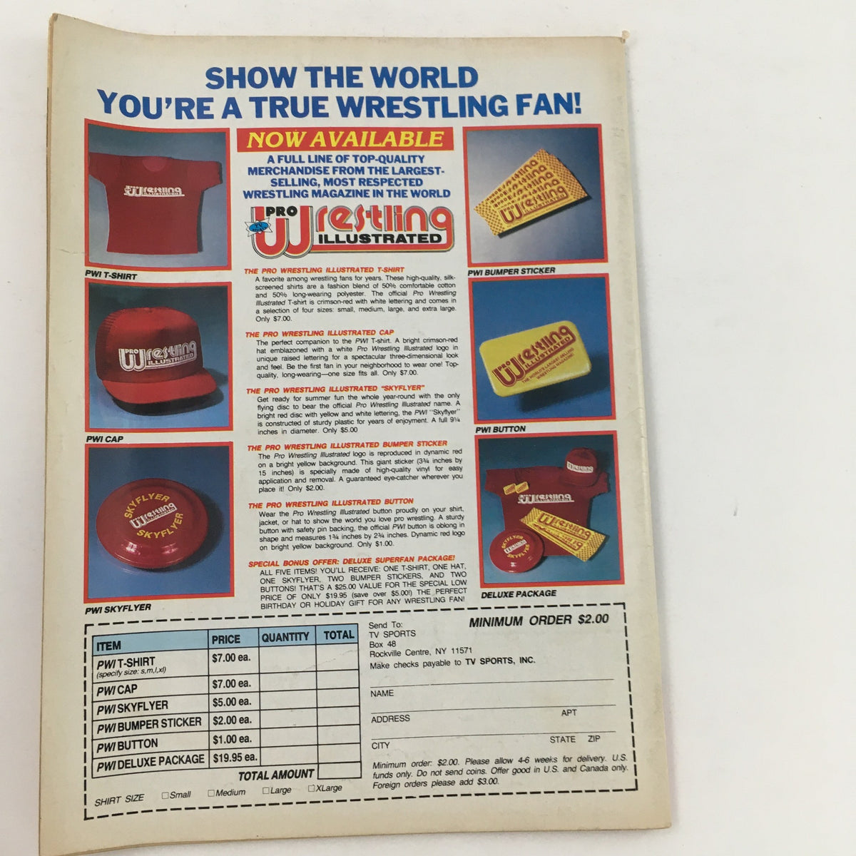 Inside Wrestling Magazine July 1988 merchandise advertisement page promoting wrestling fan gear and collectibles.