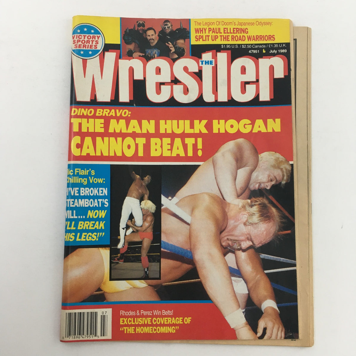 The Wrestler Magazine July 1989 issue featuring Hulk Hogan, Ric Flair, and Dusty Rhodes on the cover with a striking headline about Dino Bravo. This vintage wrestling magazine captures a critical moment in wrestling history.