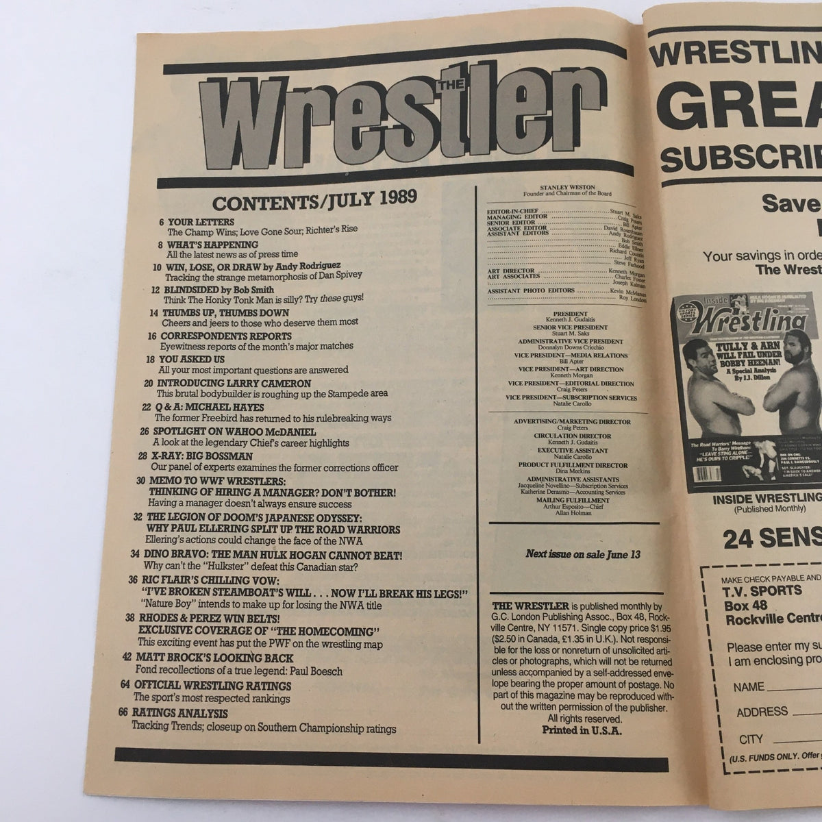 The Wrestler Magazine July 1989 Contents page featuring articles and highlights from professional wrestling, including Hulk Hogan, Ric Flair, and Dusty Rhodes.