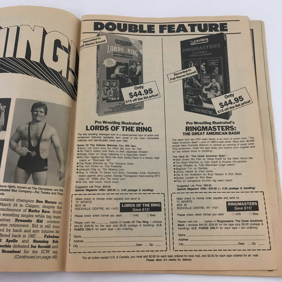 A Double Feature advertisement in The Wrestler Magazine July 1989 showcasing wrestling videos 'Lords of the Ring' and 'Ringmasters: The Great American Bash'.