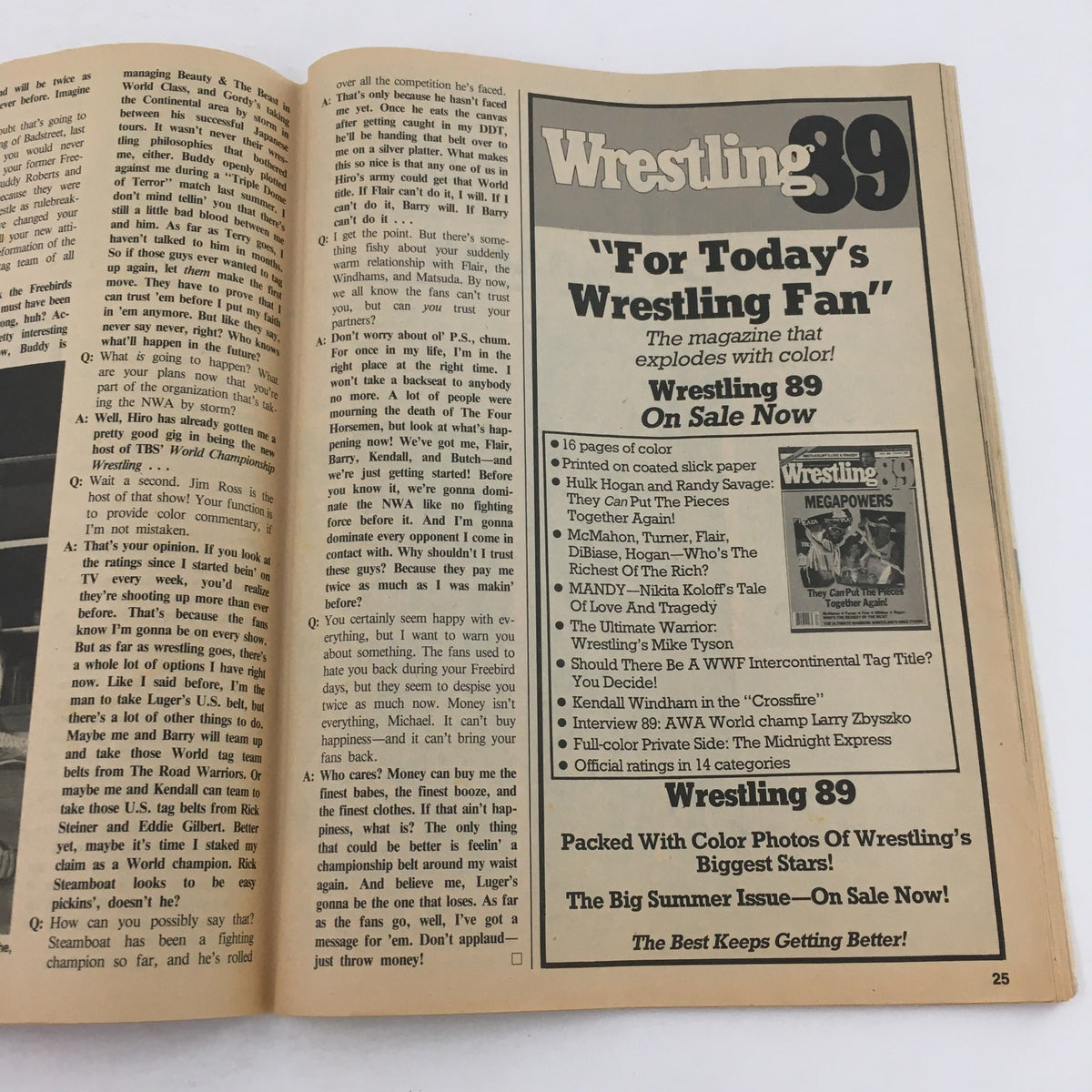 An article page from The Wrestler Magazine July 1989 titled 'Wrestling89' promoting wrestling magazines and featuring notable wrestlers like Hulk Hogan.