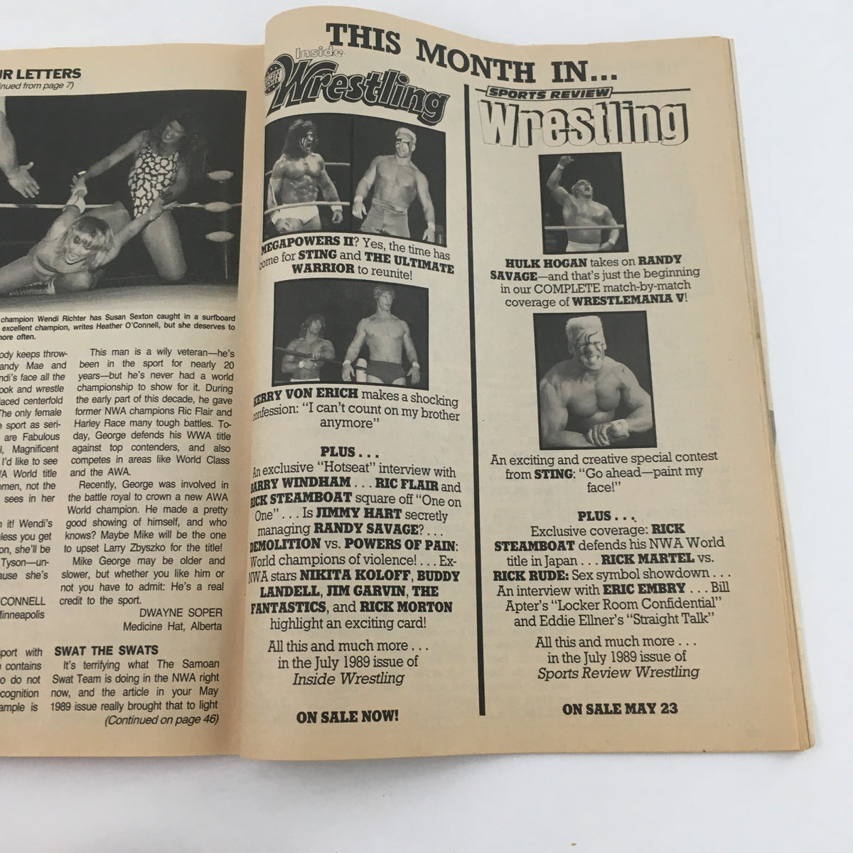 The month review page from The Wrestler Magazine July 1989 highlighting wrestling events, matches, and personalities for the month.
