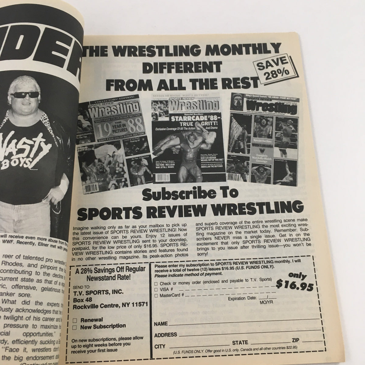 Subscription advertisement page from Inside Wrestling Magazine, October 1989, promoting Sports Review Wrestling with coverage of wrestling events.