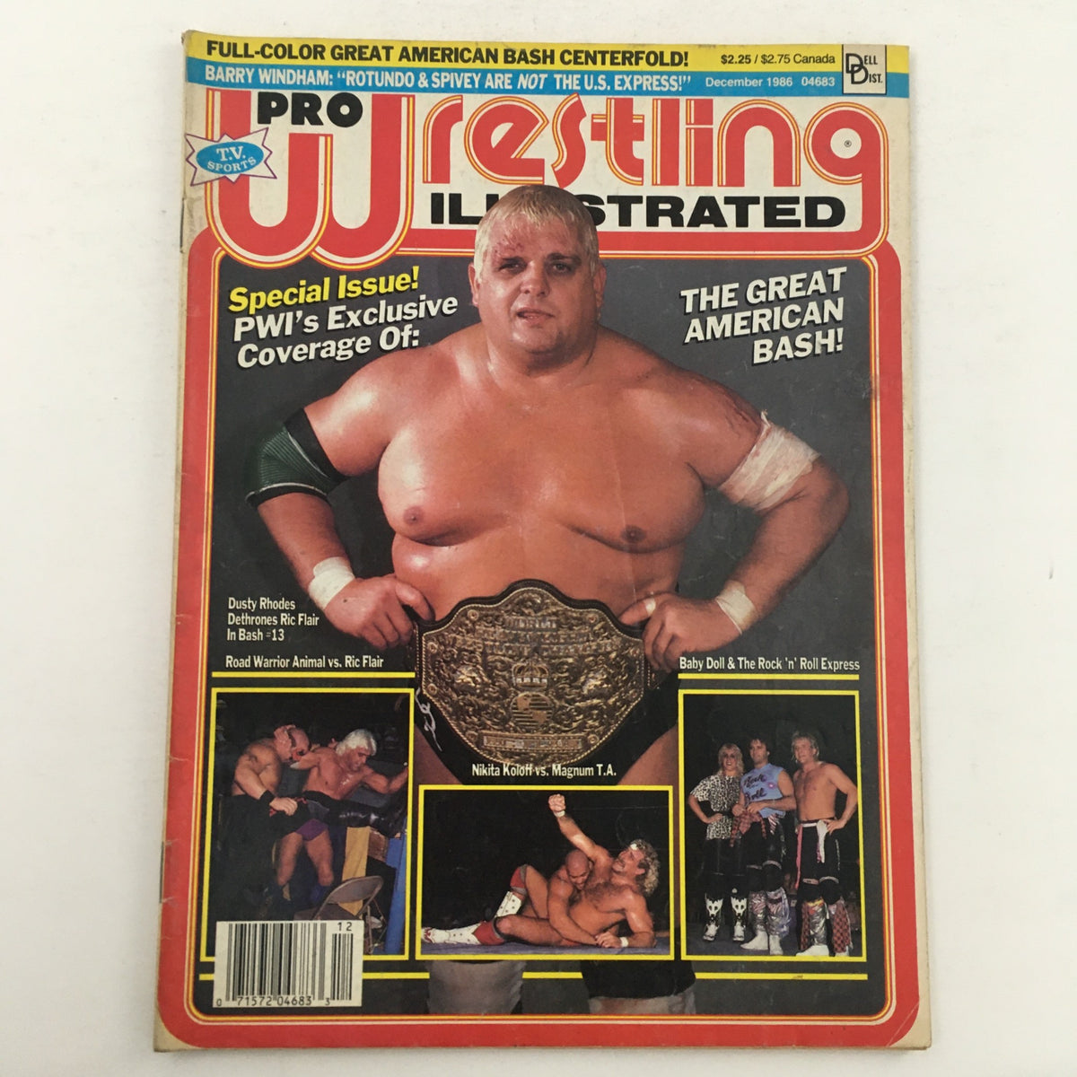 Cover of Pro Wrestling Illustrated Magazine December 1986 featuring Dusty Rhodes, who dethrones Ric Flair, with highlights from the Great American Bash including gripping match images.