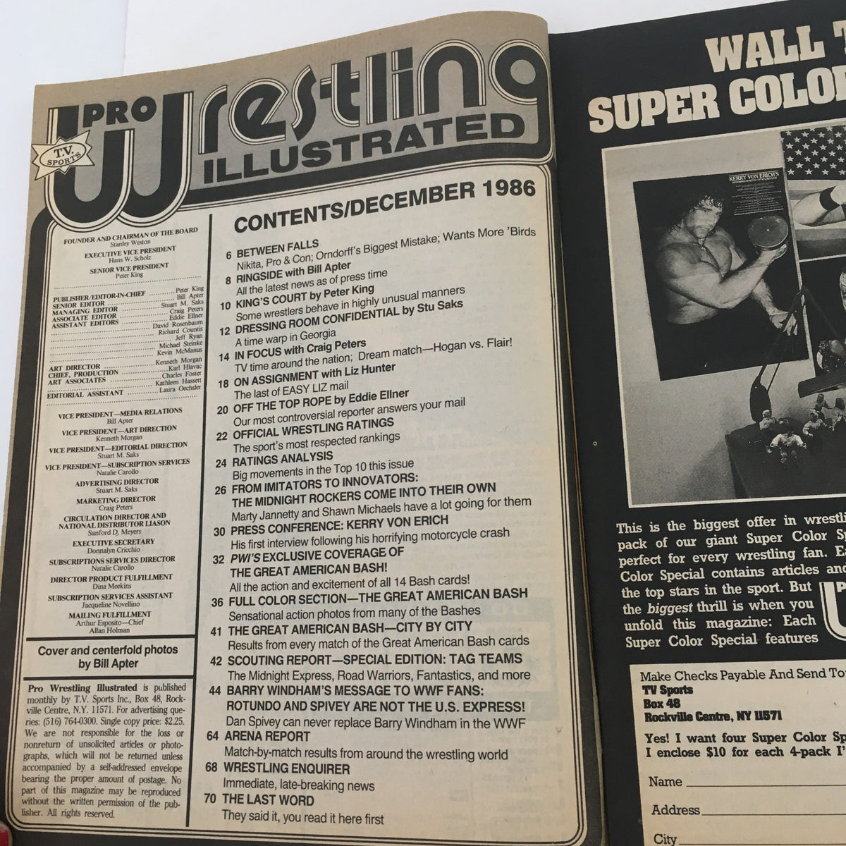Inside page of Pro Wrestling Illustrated Magazine December 1986 displaying the contents section with highlights about Dusty Rhodes vs. Ric Flair and other wrestling features.