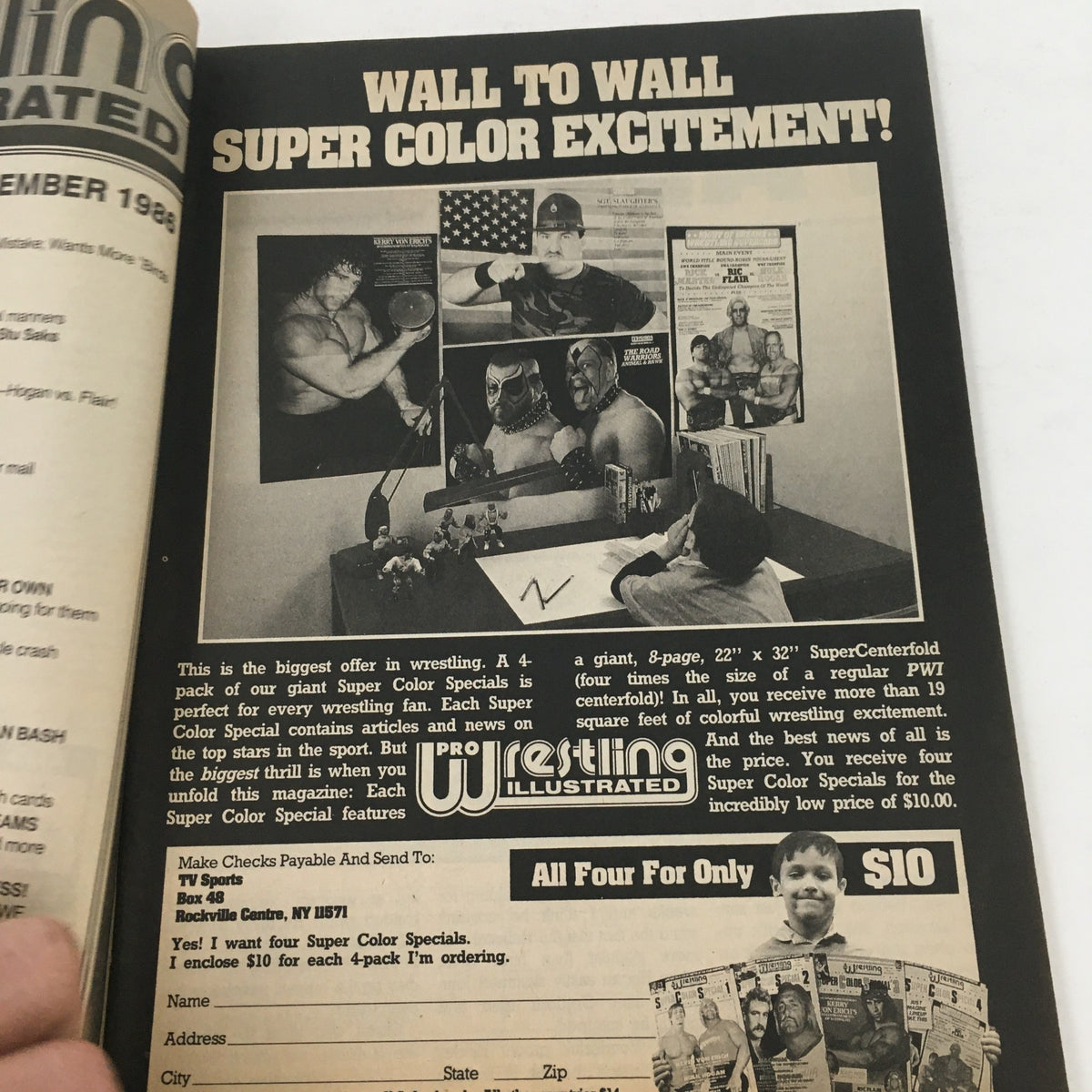Pro Wrestling Illustrated Magazine December 1986 ad page showcasing a variety of wrestling merchandise, emphasizing 'Wall to Wall Super Color Excitement!' including subscriptions and color specials for wrestling fans.