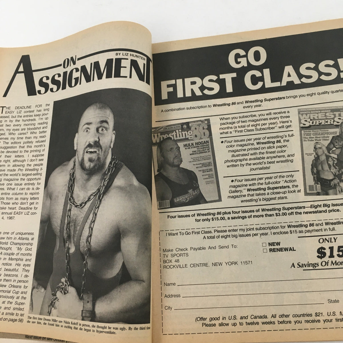 Pro Wrestling Illustrated Magazine December 1986 feature page titled 'On Assignment' including an article by Liz Hunter, highlighting a wrestler with a chain necklace and promoting subscriptions to wrestling magazines.