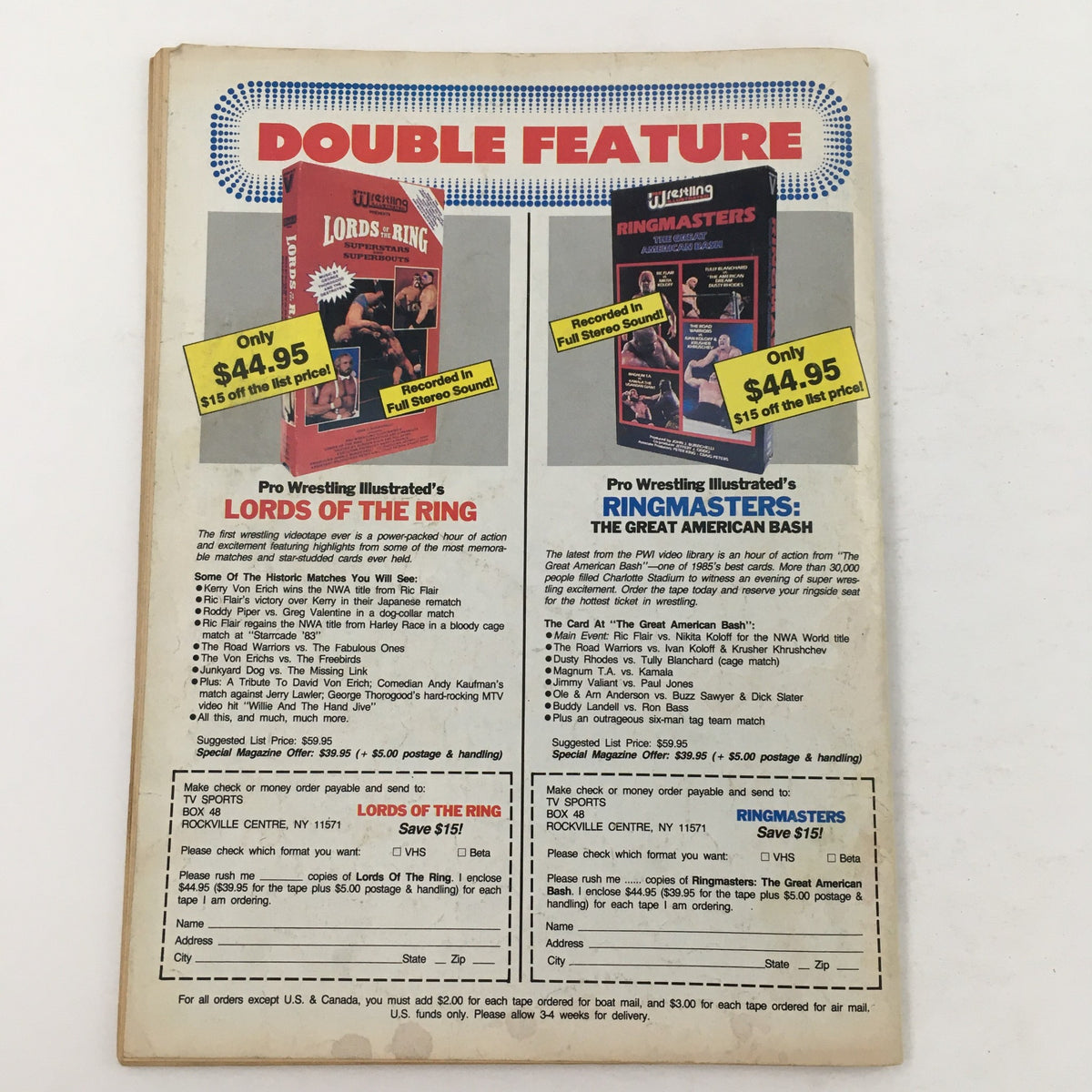 Pro Wrestling Illustrated Magazine December 1986 advertisement page for the 'Double Feature' of wrestling videos: 'Lords of the Ring' and 'Ringmasters: The Great American Bash', along with pricing and ordering information.