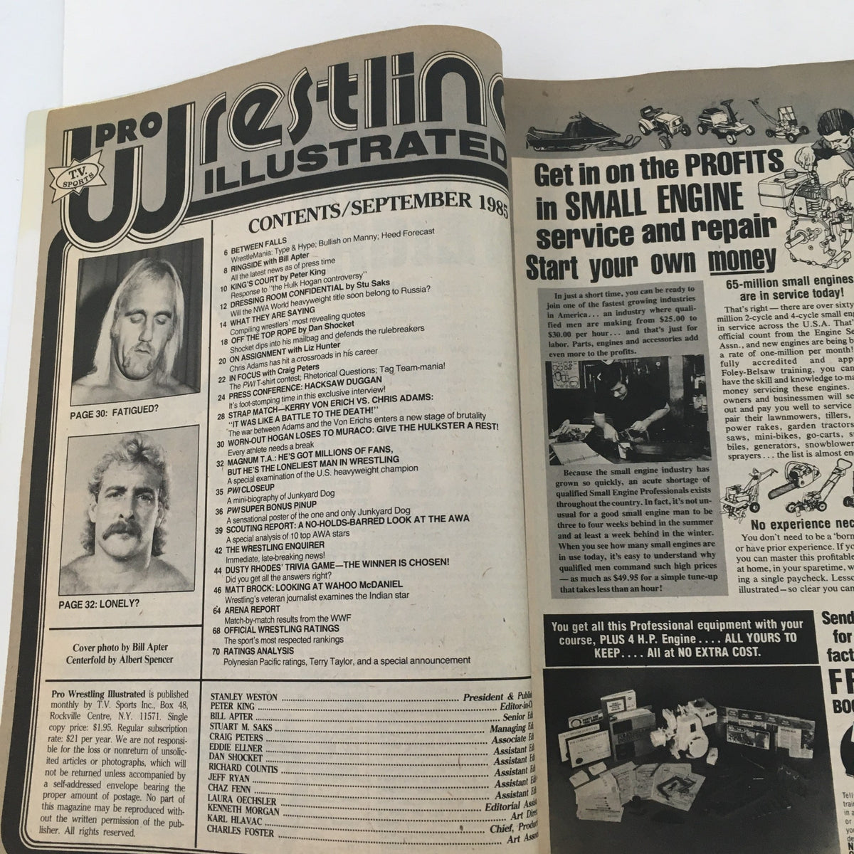 Pro Wrestling Illustrated Magazine September 1985 showing the contents page featuring articles and wrestlers.