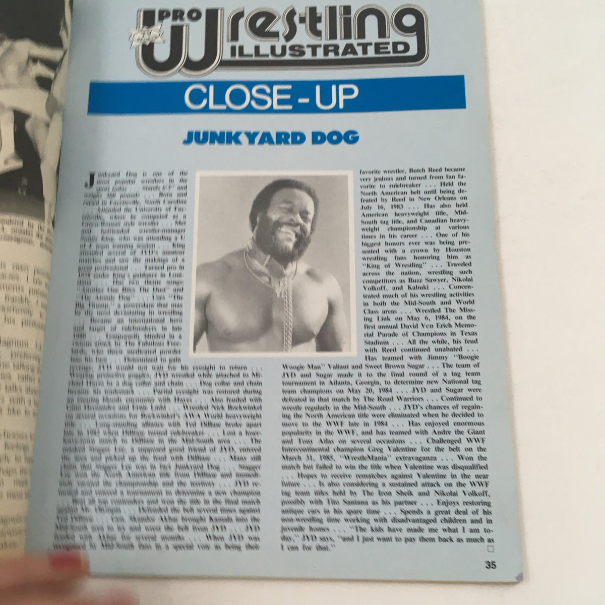 Pro Wrestling Illustrated Magazine September 1985 showcasing a close-up feature on the Junkyard Dog with a biography.