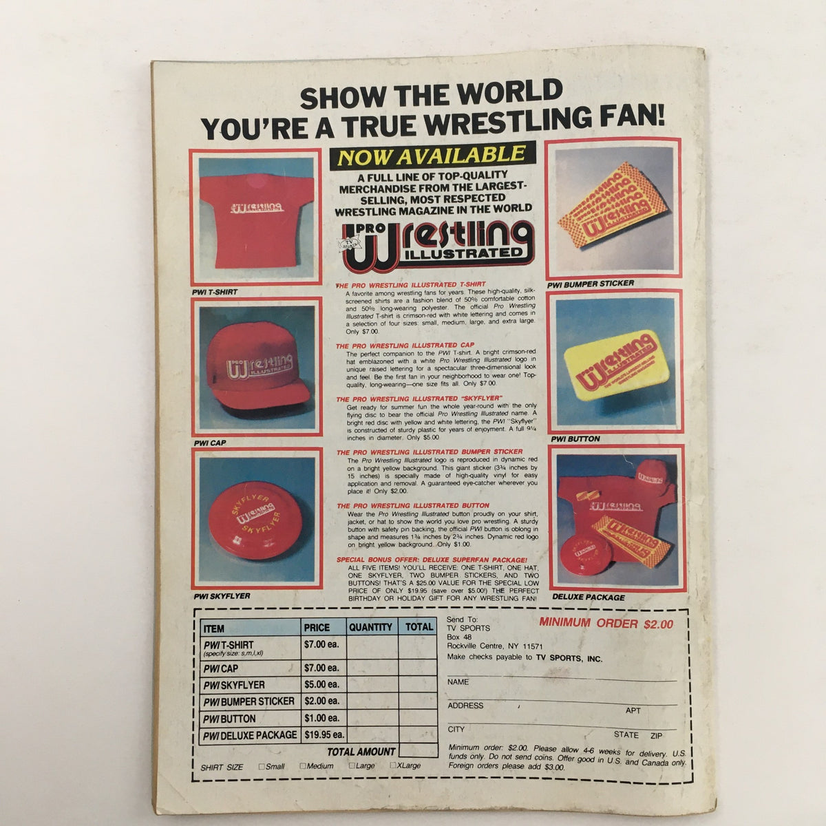 Pro Wrestling Illustrated Magazine September 1985 displaying the back cover with merchandise advertisement related to the magazine.
