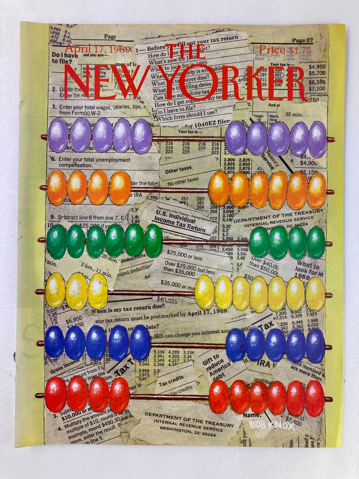 The New Yorker Cover April 17 1989 by Bob Knox, showcasing a vibrant illustration centered on tax filing, featuring colorful abacus beads overlaid on tax form backgrounds.