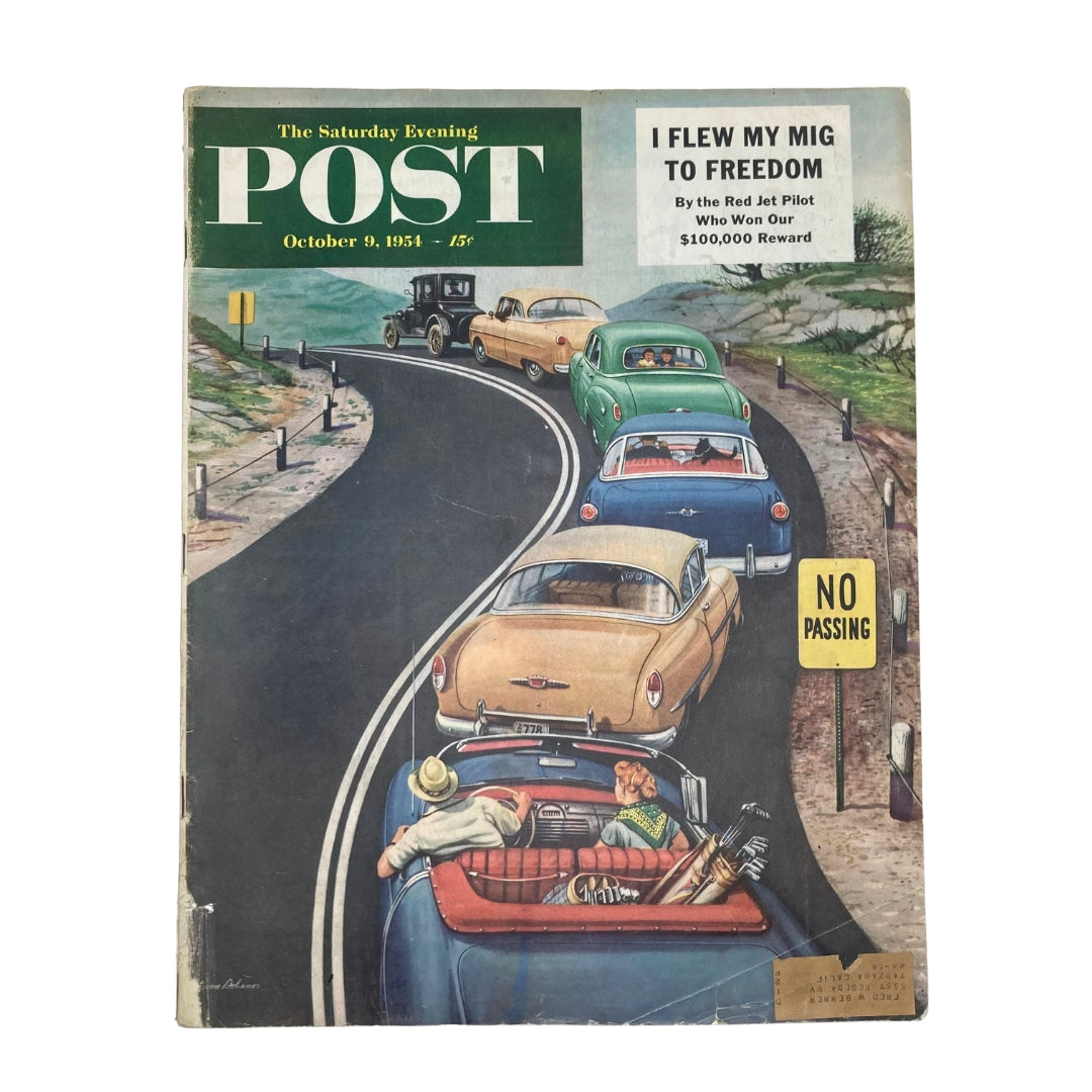 Cover of Saturday Evening Post Magazine from October 9, 1954 titled 'Holiday Joyride' featuring colorful vintage cars on a scenic road.