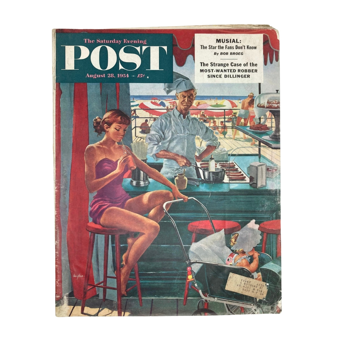 Cover image of Saturday Evening Post Magazine August 28 1954 titled 'A Man's World' featuring an illustration by George Hughes, showcasing a 1950s scene with a woman in a pink swimsuit and a man in a chef's outfit.