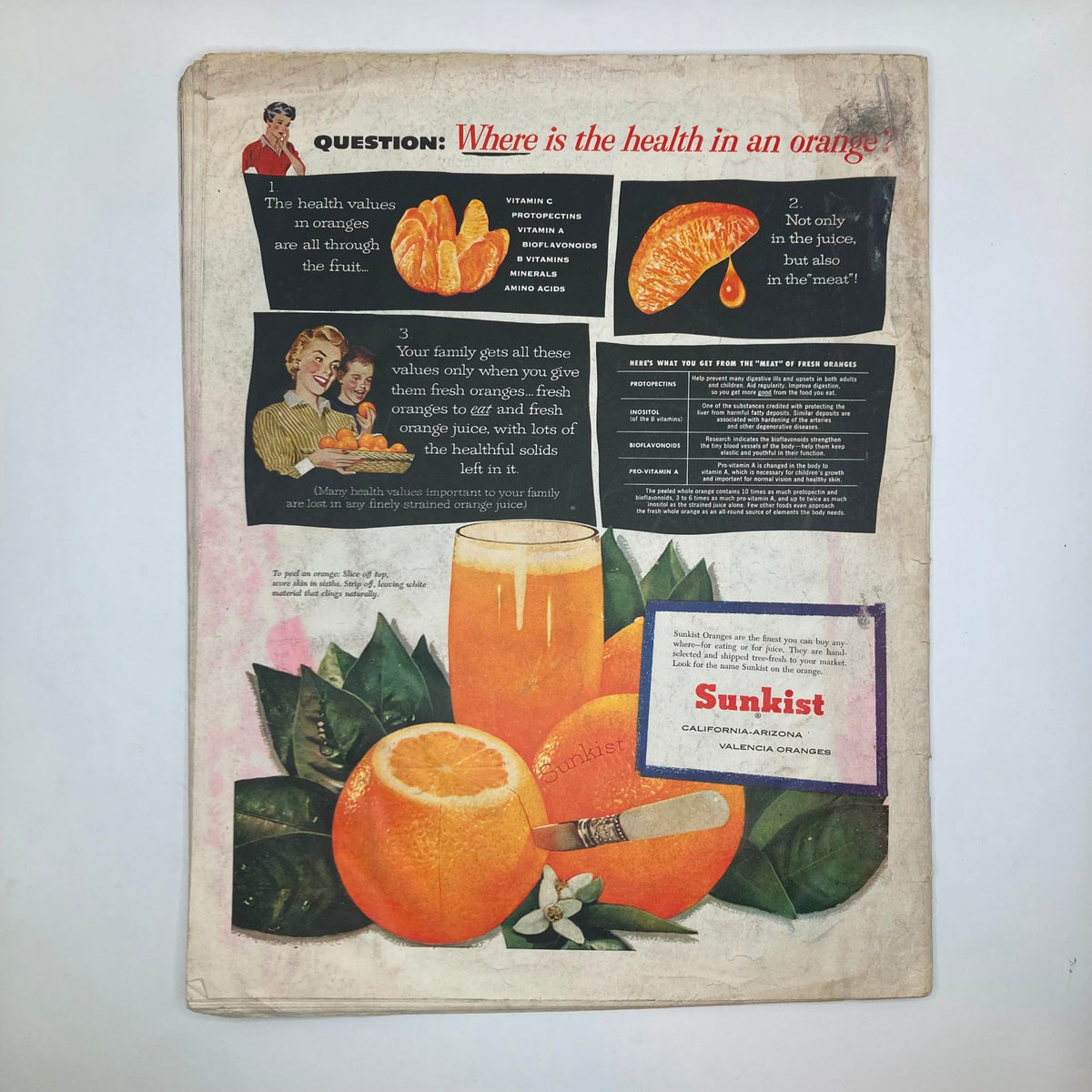 Back cover of Saturday Evening Post Magazine August 28 1954 featuring an advertisement for Sunkist oranges, promoting health values and showcasing fresh oranges and orange juice.