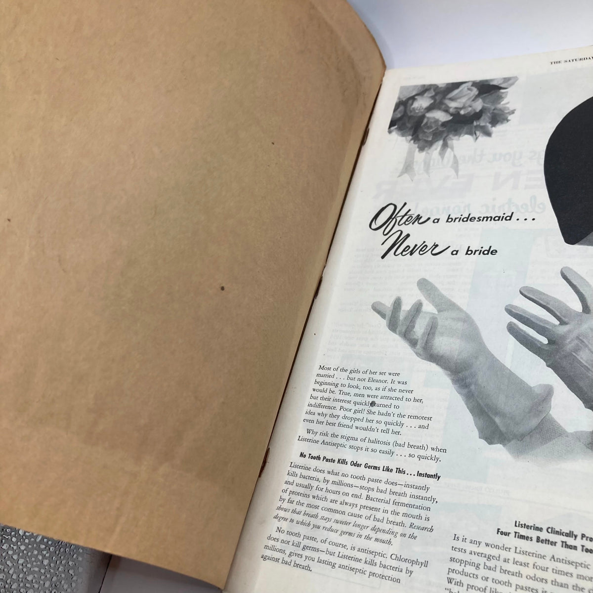 Interior page of Saturday Evening Post Magazine May 8, 1954 showcasing a nostalgic advertisement with the phrase 'Often a bridesmaid... Never a bride'.
