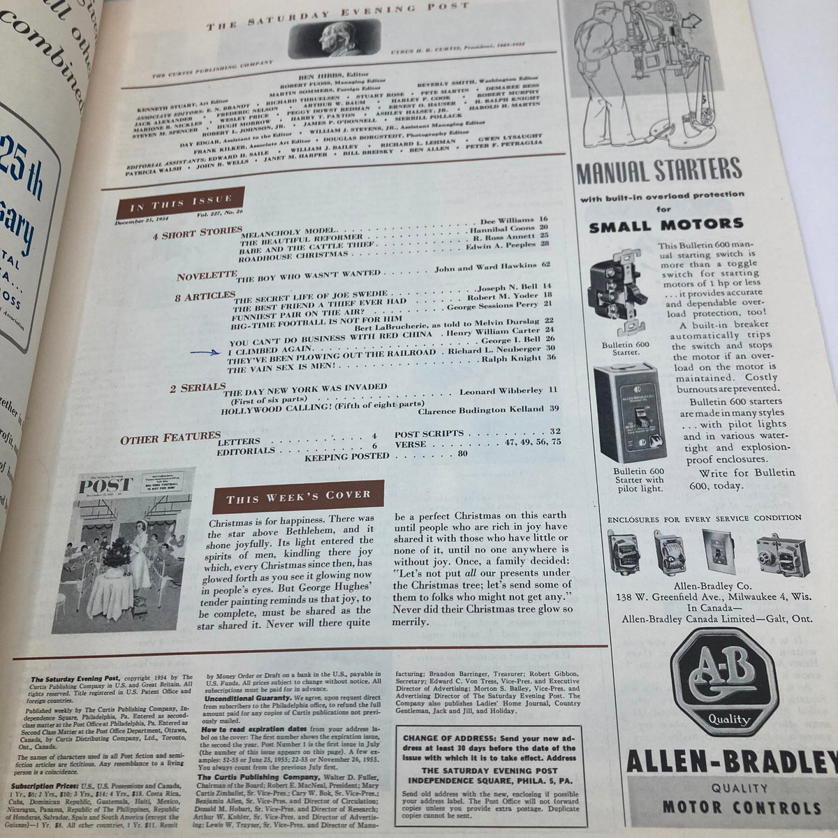 Interior page of Saturday Evening Post Magazine December 23 1954 Christmas detailing the contents of the issue, including articles and features.