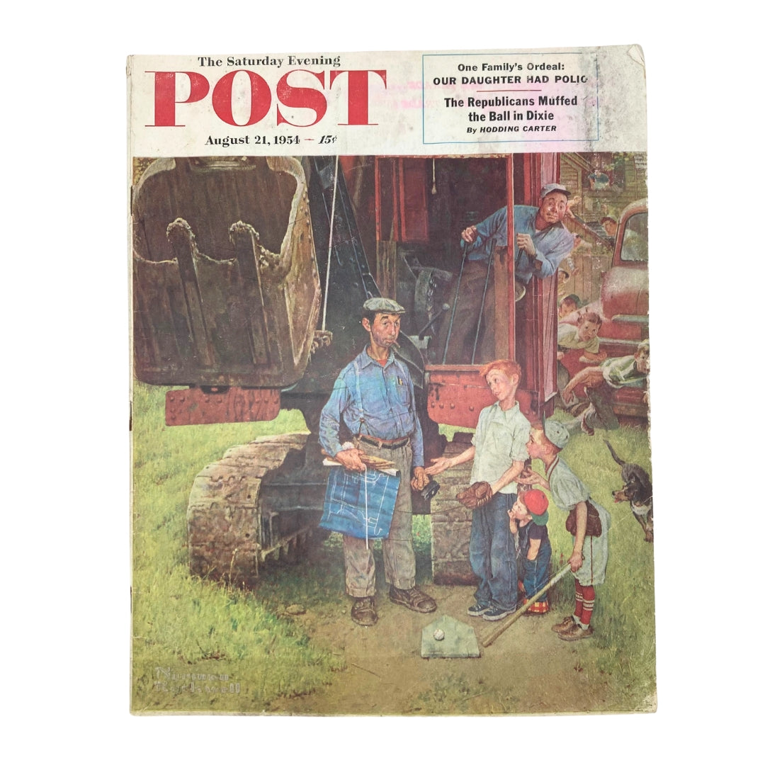 Cover of Saturday Evening Post Magazine from August 21, 1954 featuring the artwork 'Poor Joe' by Norman Rockwell, illustrating a nostalgic scene depicting a dialogue between a group of children and an adult.