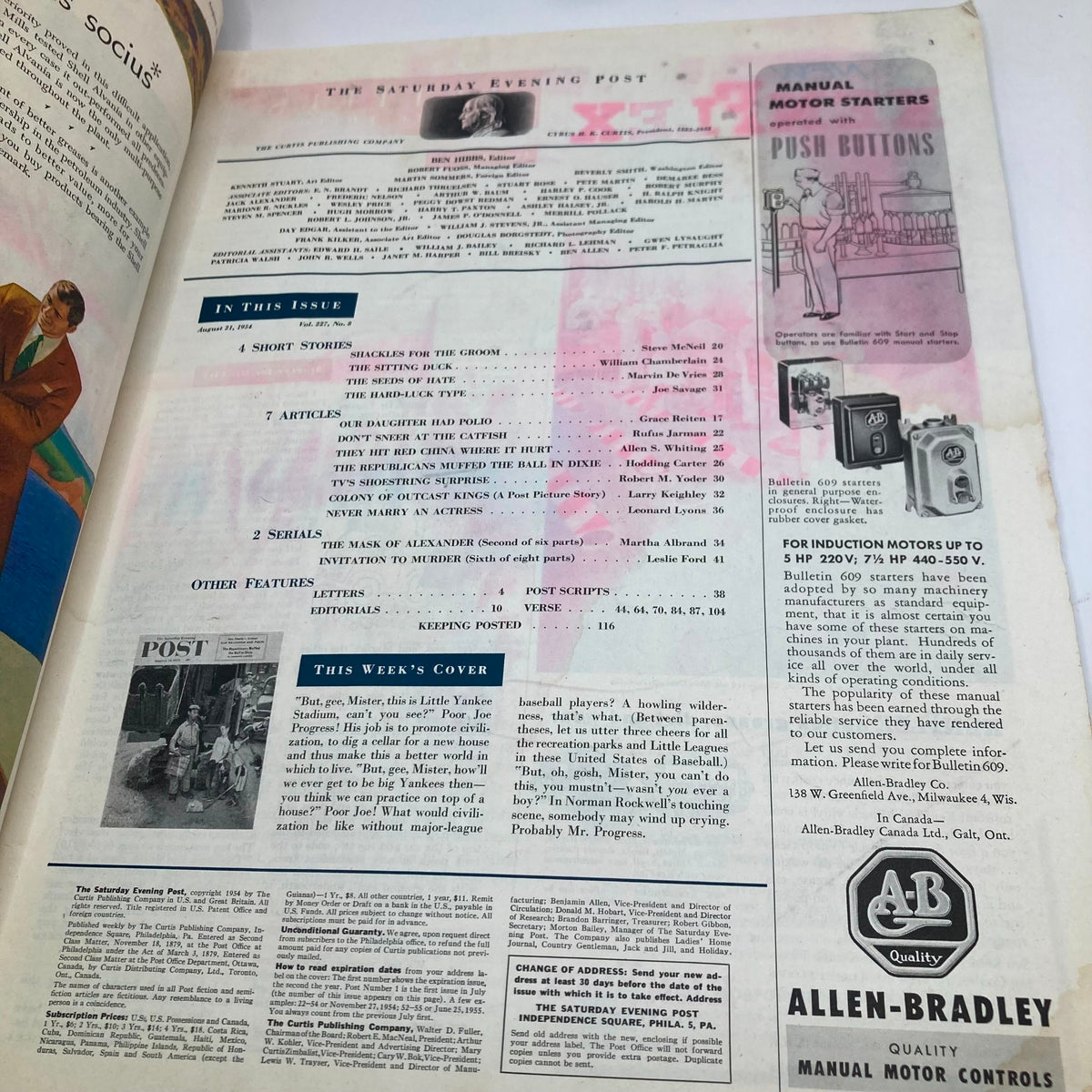 Inside page of the Saturday Evening Post Magazine August 21, 1954, displaying the table of contents and an advertisement for various articles, showcasing the magazine's vintage layout.