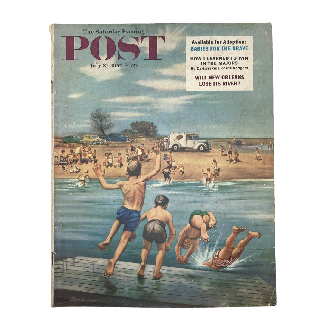 Cover of Saturday Evening Post Magazine July 31 1954 featuring artwork titled 'Mr. Impulse' by Stevan Dohanos, depicting children playing at a beach.