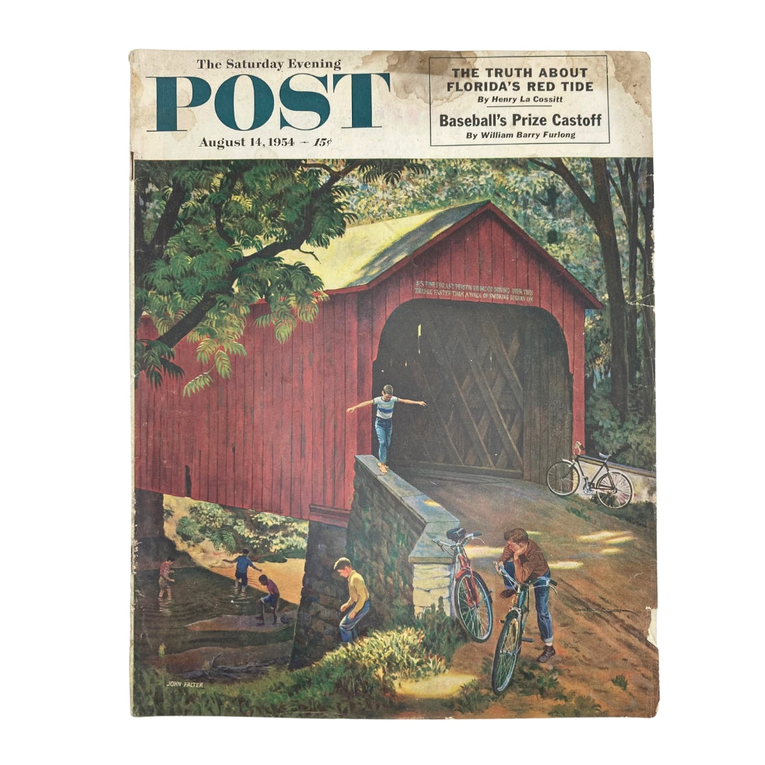 Cover of the Saturday Evening Post Magazine August 14, 1954 featuring small boys at a covered bridge, vibrant colors, and artistic illustration.