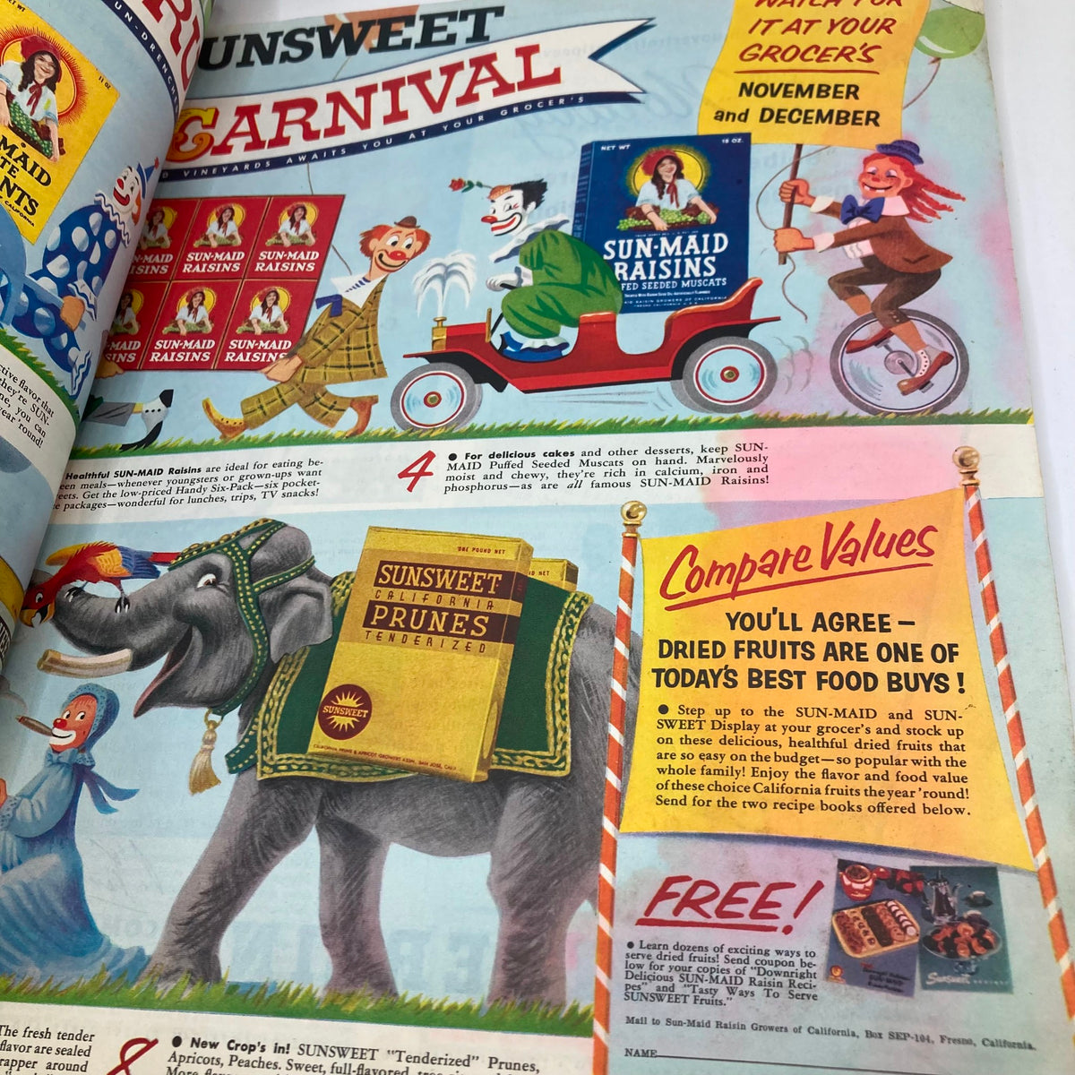 Advertisment page within the Saturday Evening Post Magazine from October 30, 1954, promoting Sunsweet products with vibrant illustrations.