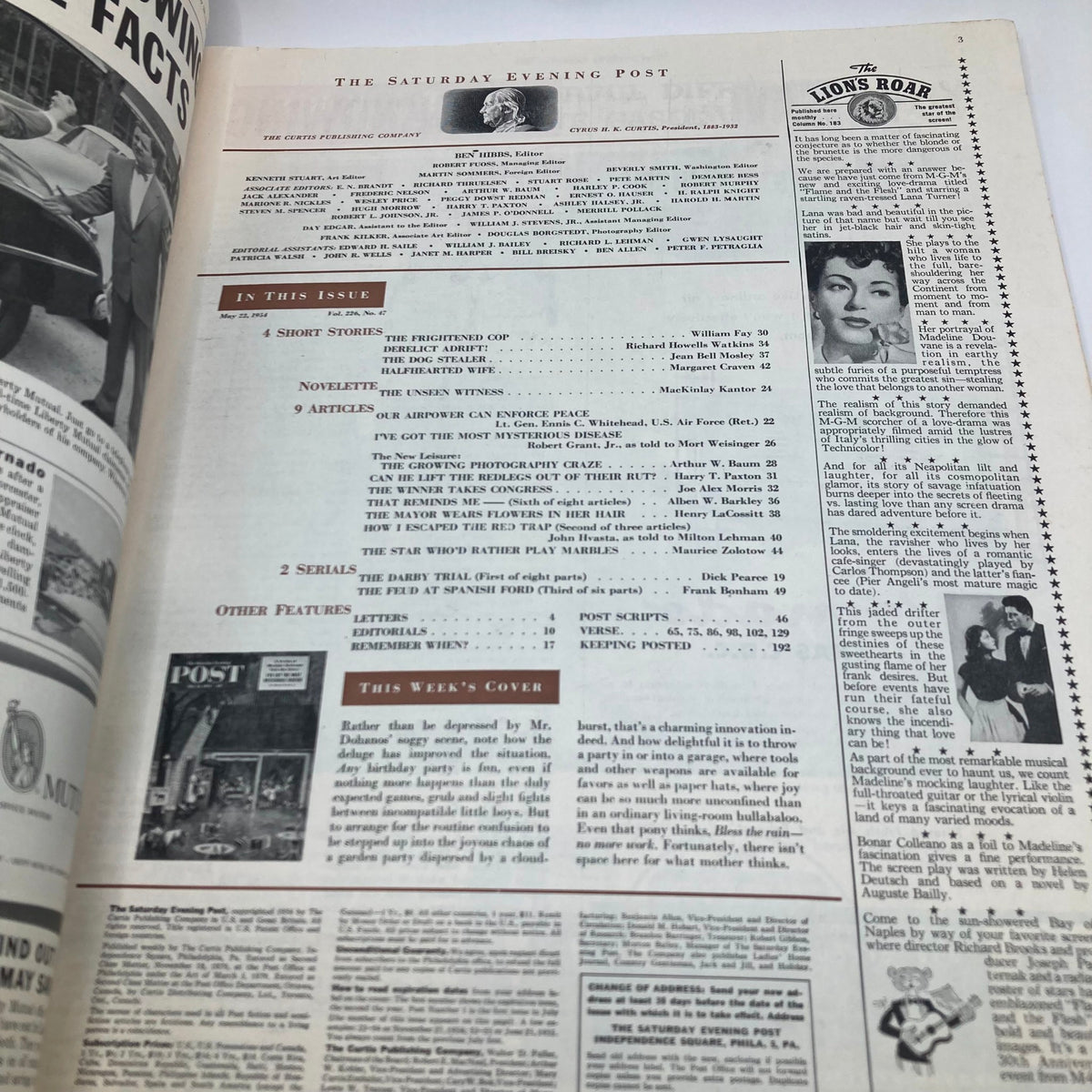 Interior page of the Saturday Evening Post Magazine May 22 1954, showcasing the issue index and featured articles, providing a glimpse into mid-20th century American magazine culture.