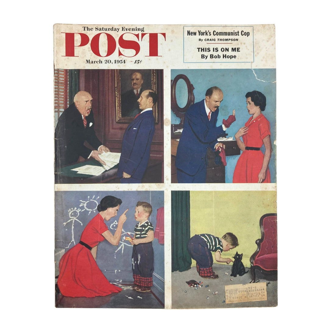 Cover of Saturday Evening Post Magazine dated March 20, 1954, featuring the illustration titled "Scolded Kitty" with vibrant scenes reflecting 1950s culture.