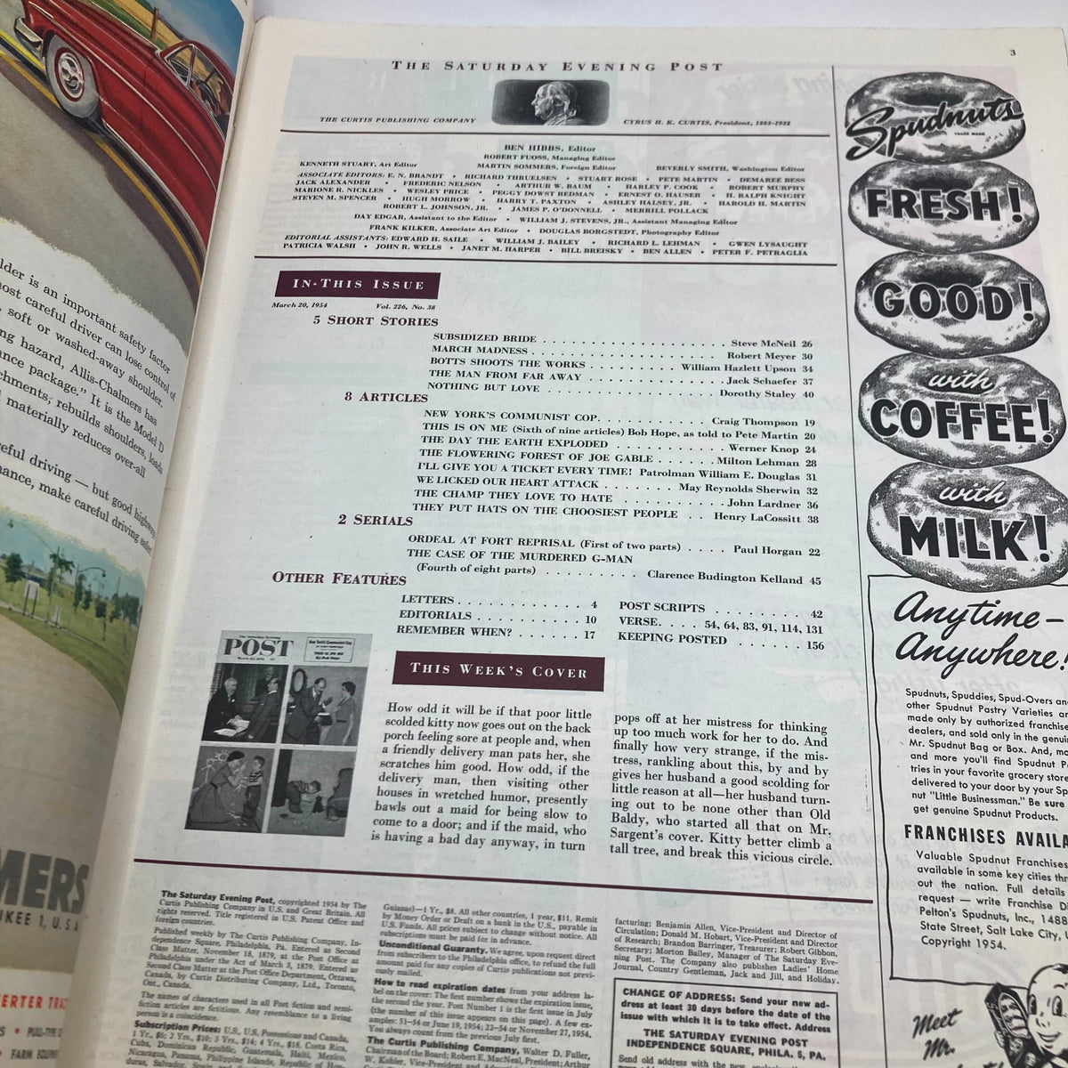 Interior page of the Saturday Evening Post Magazine from March 20, 1954, featuring articles and content including the cover titled 'Scolded Kitty'.