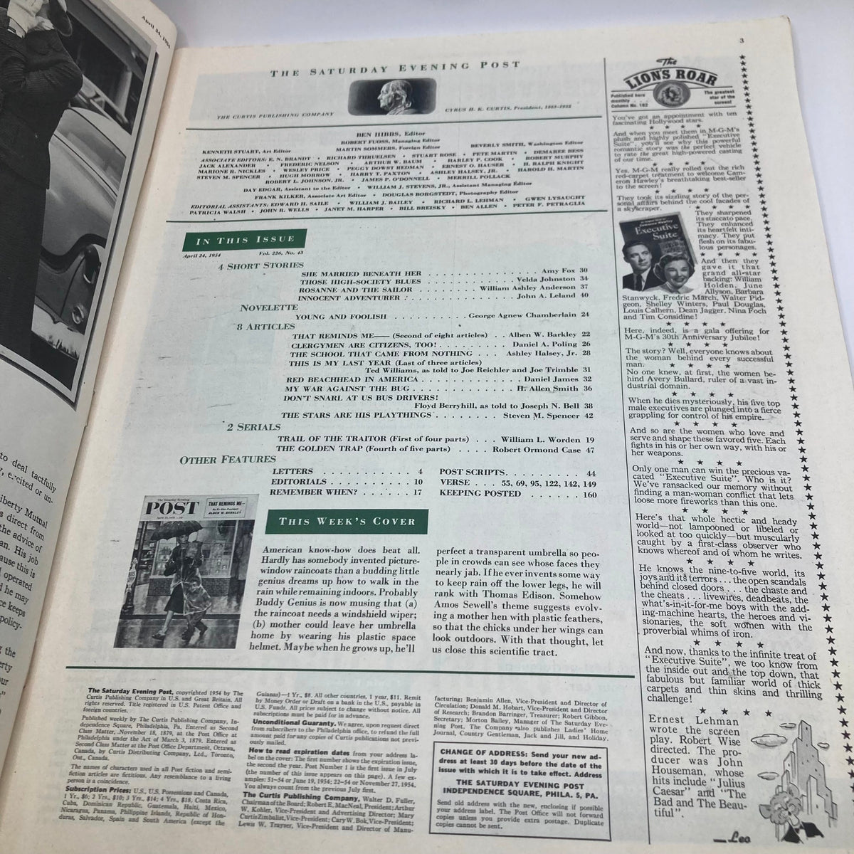 Inside page of the Saturday Evening Post Magazine from April 24, 1954 featuring articles and features, highlighting the cover illustration titled 'Buddy Genius' by Amos Sewell.