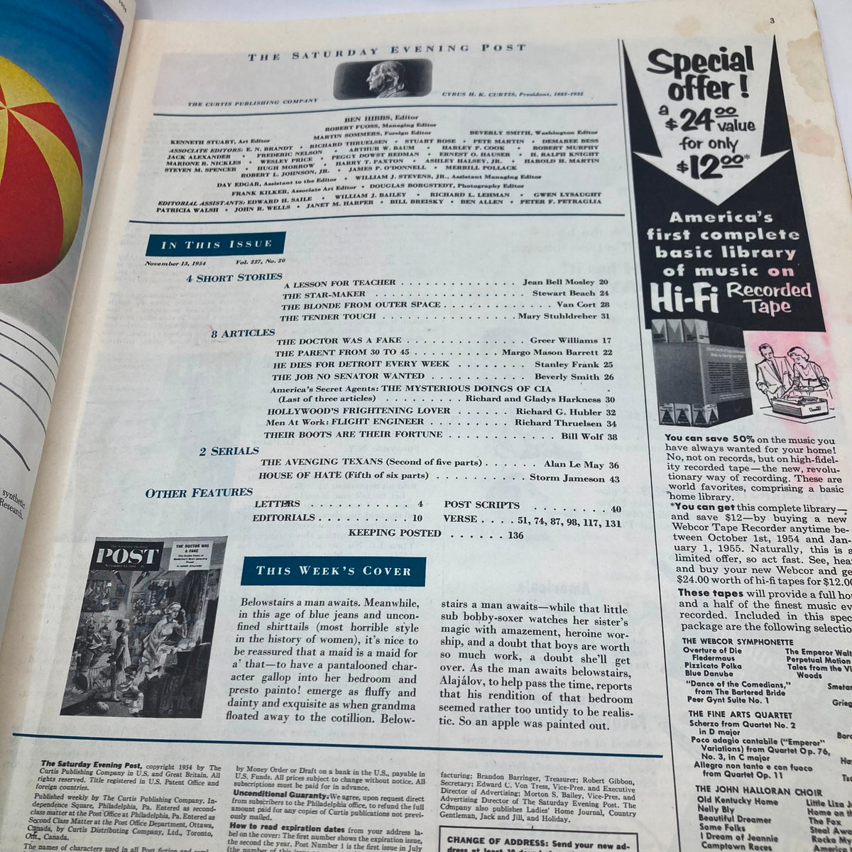 Inside page of the November 13, 1954 Saturday Evening Post Magazine displaying the table of contents and featured articles, including 'The Doctor Was a Fake'.