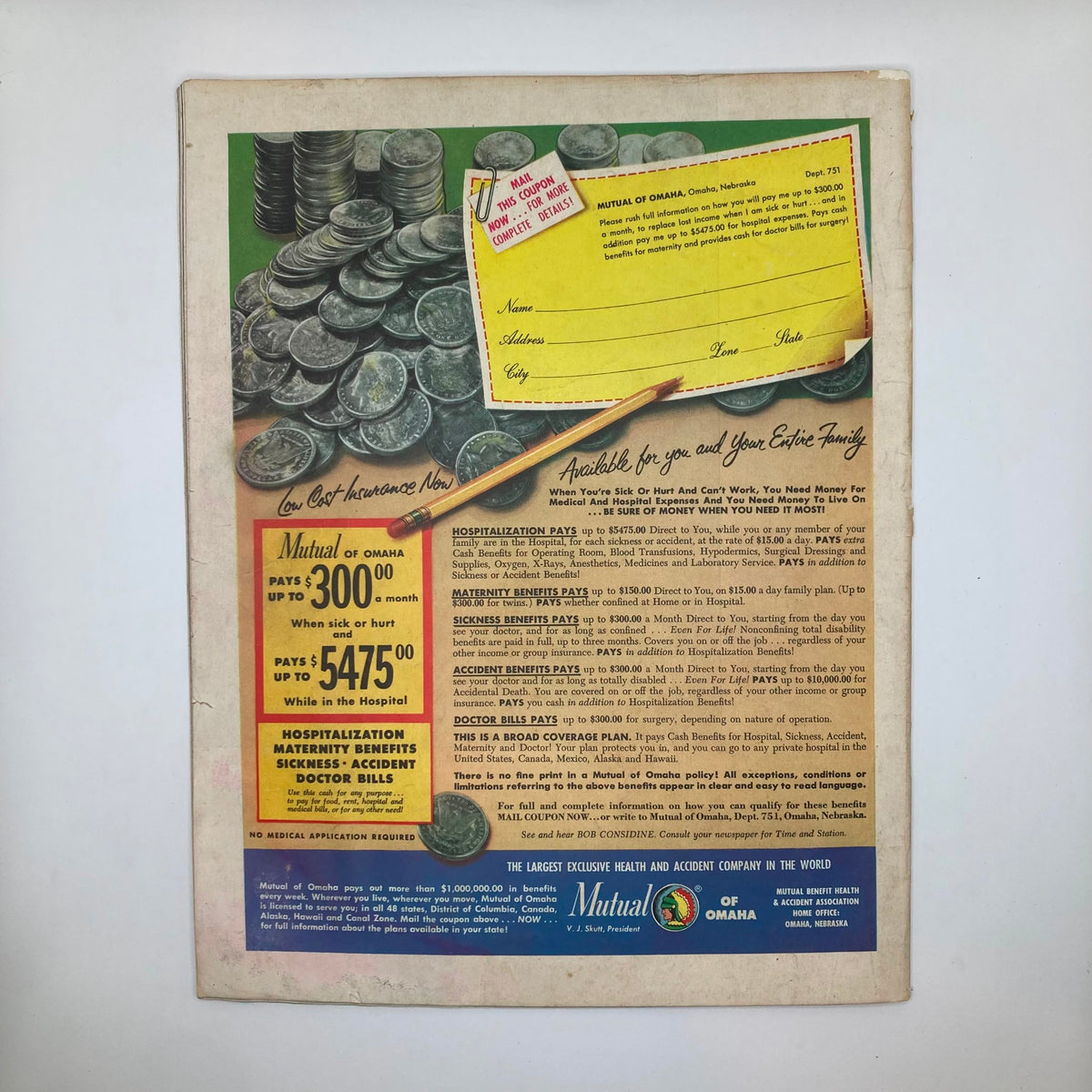 Back cover of Saturday Evening Post Magazine January 2 1954 advertising health insurance services with a colorful design and text details.