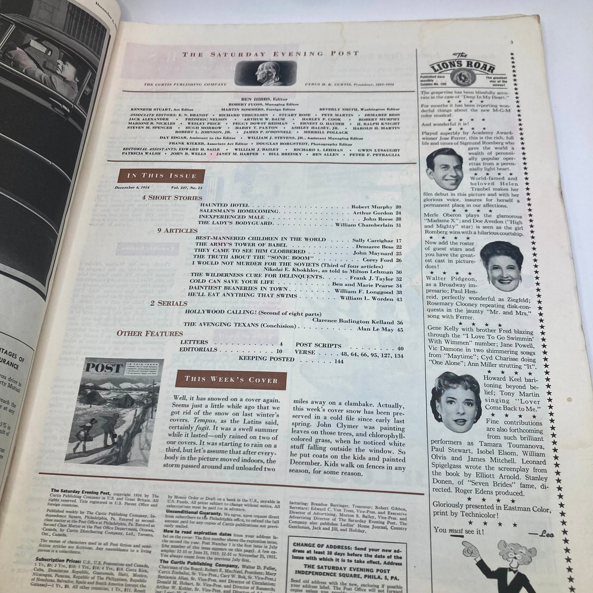 Interior page of Saturday Evening Post Magazine December 4 1954 displaying the table of contents and article listings.