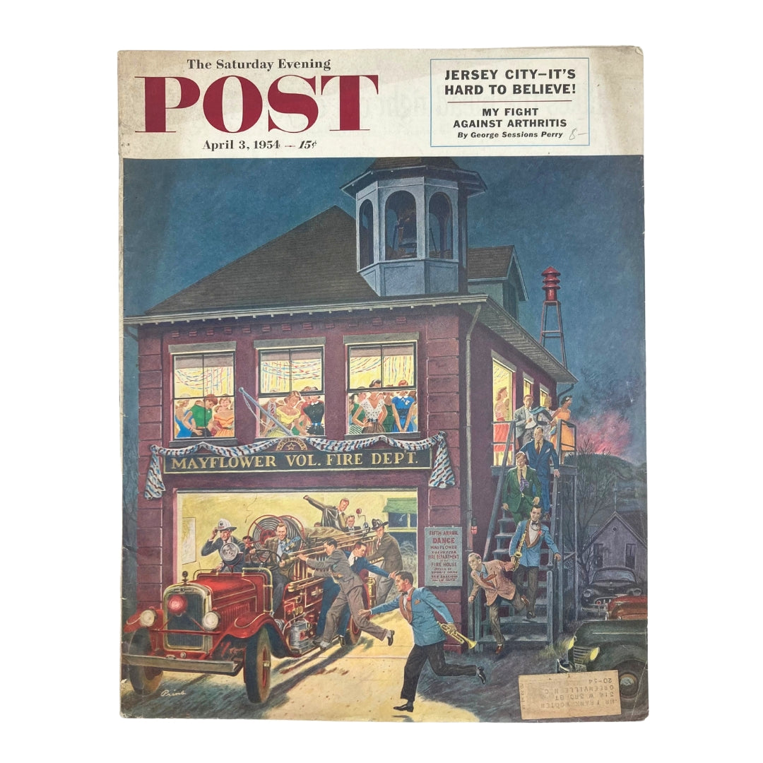 Cover of the Saturday Evening Post Magazine April 3, 1954 featuring a lively illustration by Ben Prins depicting the Fire Department Annual Dance with vibrant details and a vintage scene.