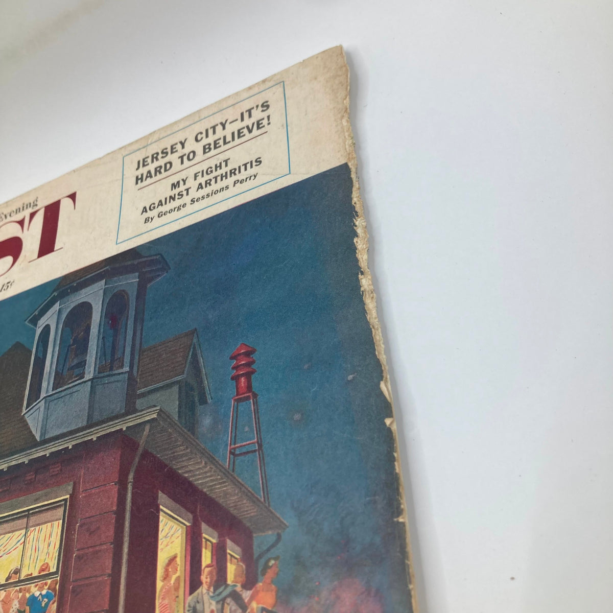 Close-up view of the cover edge from Saturday Evening Post Magazine, April 3, 1954, showing the publication title with visible wear and historical context.