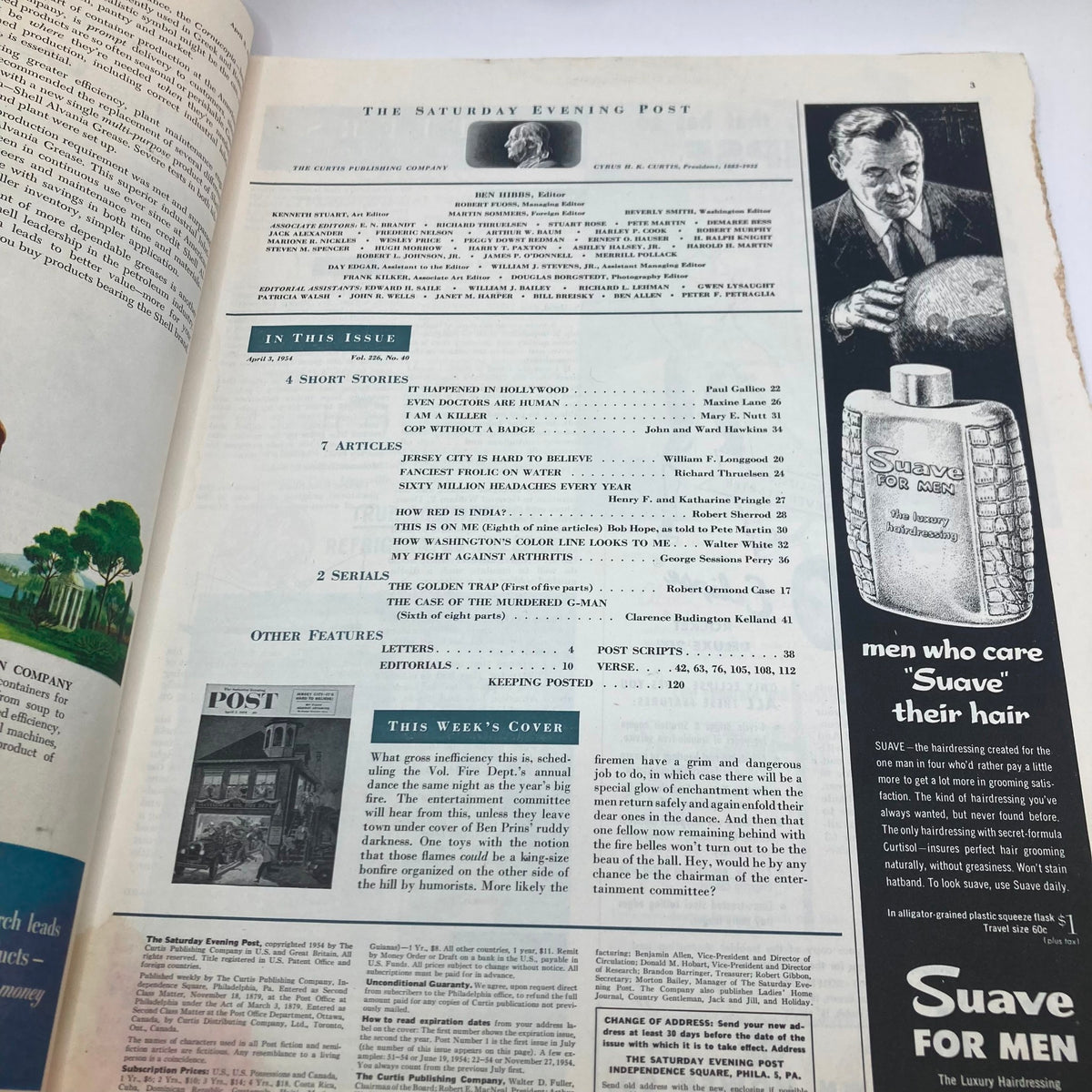 Interior page of Saturday Evening Post Magazine April 3, 1954 featuring the table of contents and articles, showcasing vintage design and typography.