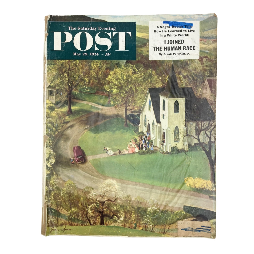 Cover of Saturday Evening Post Magazine May 29 1954 featuring the artwork "Nuptial Automobile" by John Clymer, depicting a wedding scene near a church and a vintage automobile.