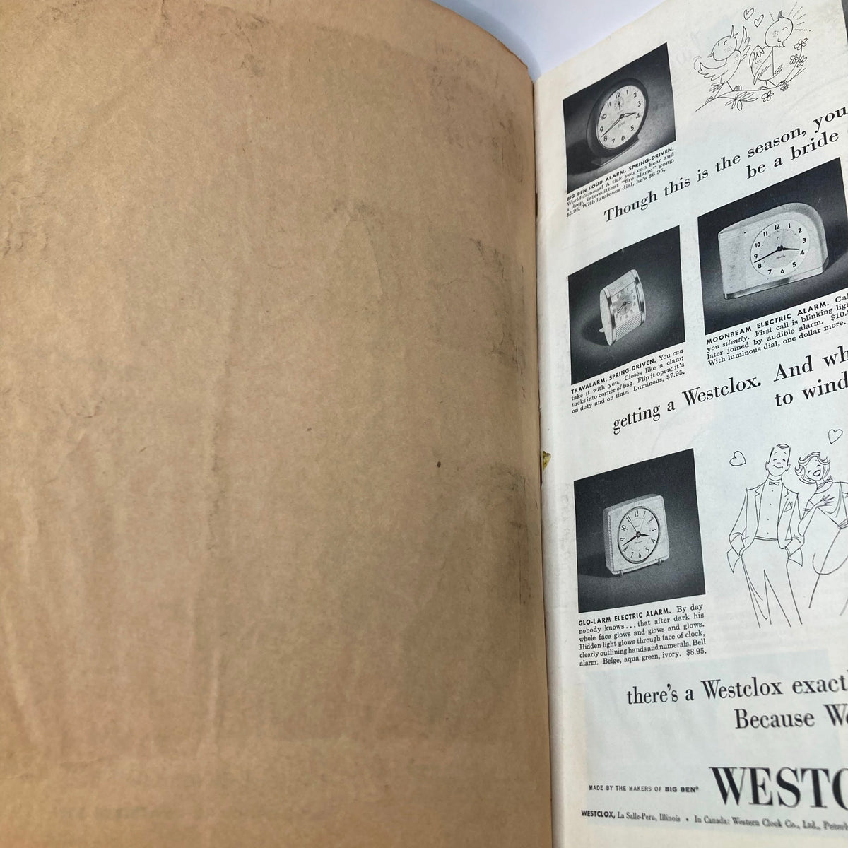 Inside page of Saturday Evening Post Magazine May 29 1954 showing advertisements, featuring clocks and a wedding theme.