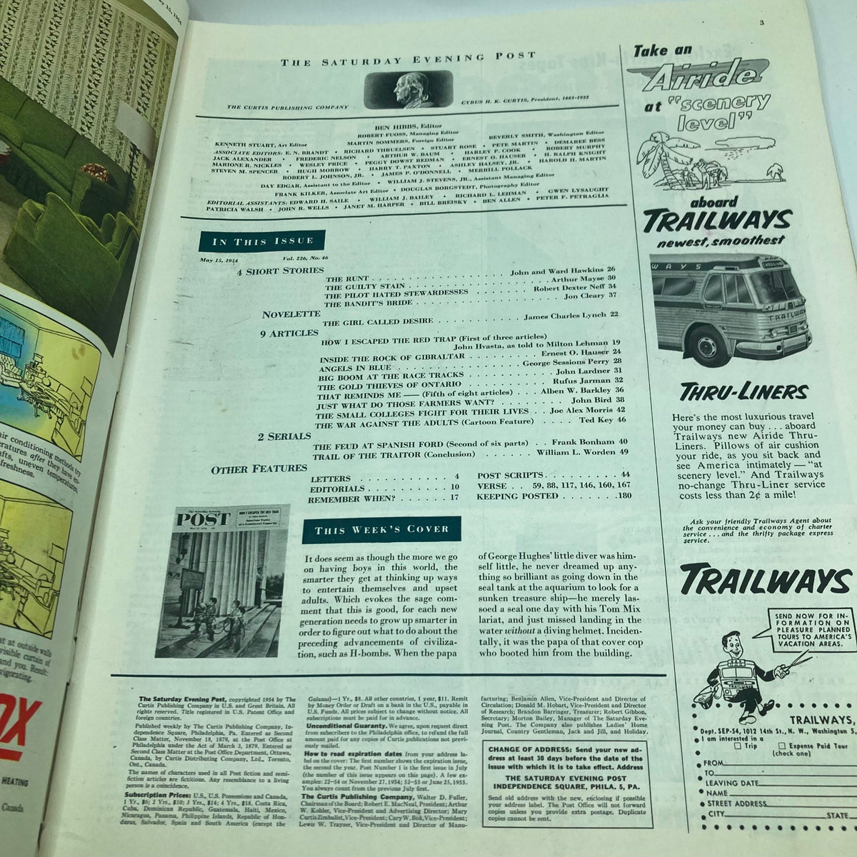 Contents page of the Saturday Evening Post Magazine, May 15, 1954, detailing articles and features of the issue.