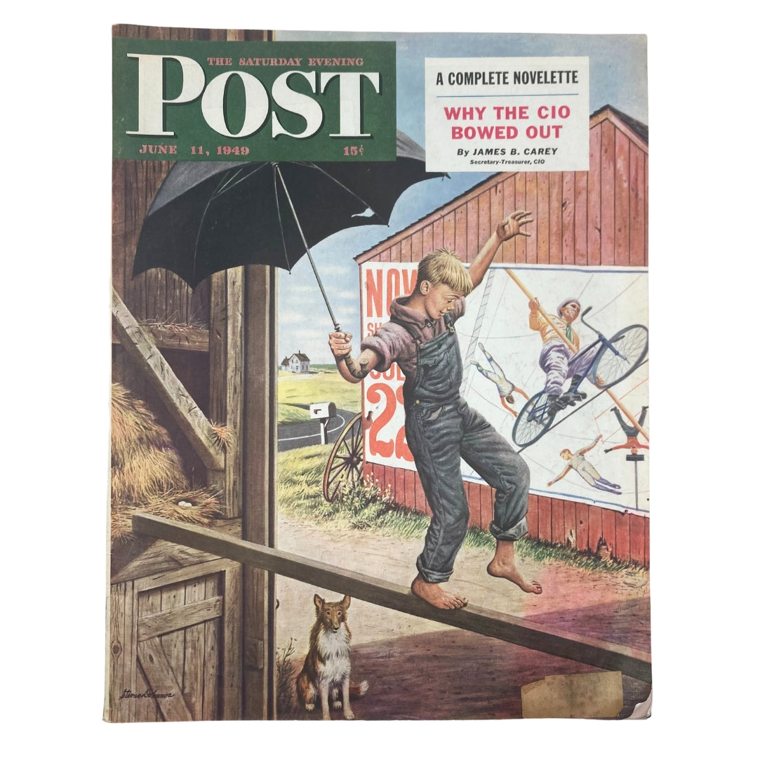 Cover of Saturday Evening Post Magazine June 11 1949 featuring artwork by Stevan Dohanos, depicting a boy balancing on a beam while holding an umbrella, with a vintage American farm scene in the background.