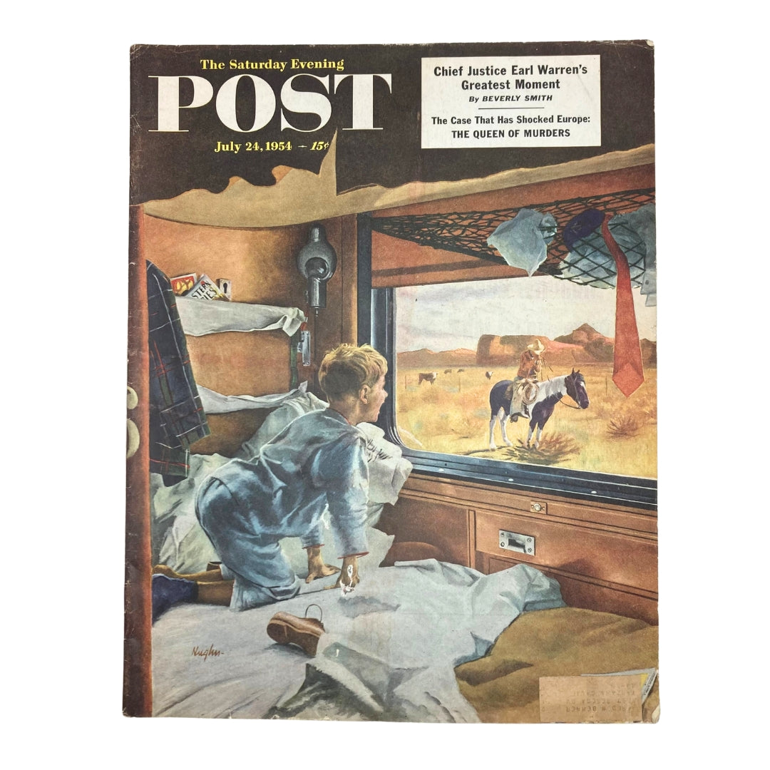 Cover of Saturday Evening Post Magazine July 24, 1954 featuring a young boy looking out of a train window at a Western scene, illustrated by George Hughes.