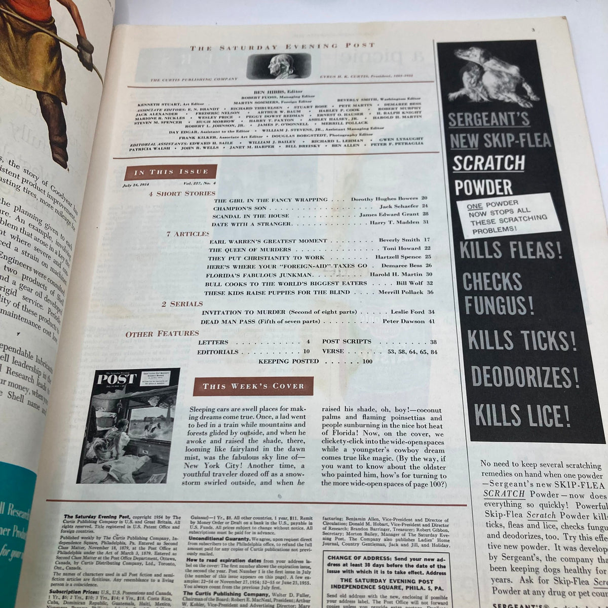 Interior page of Saturday Evening Post Magazine July 24, 1954 displaying content including stories and advertisements, capturing mid-century design.