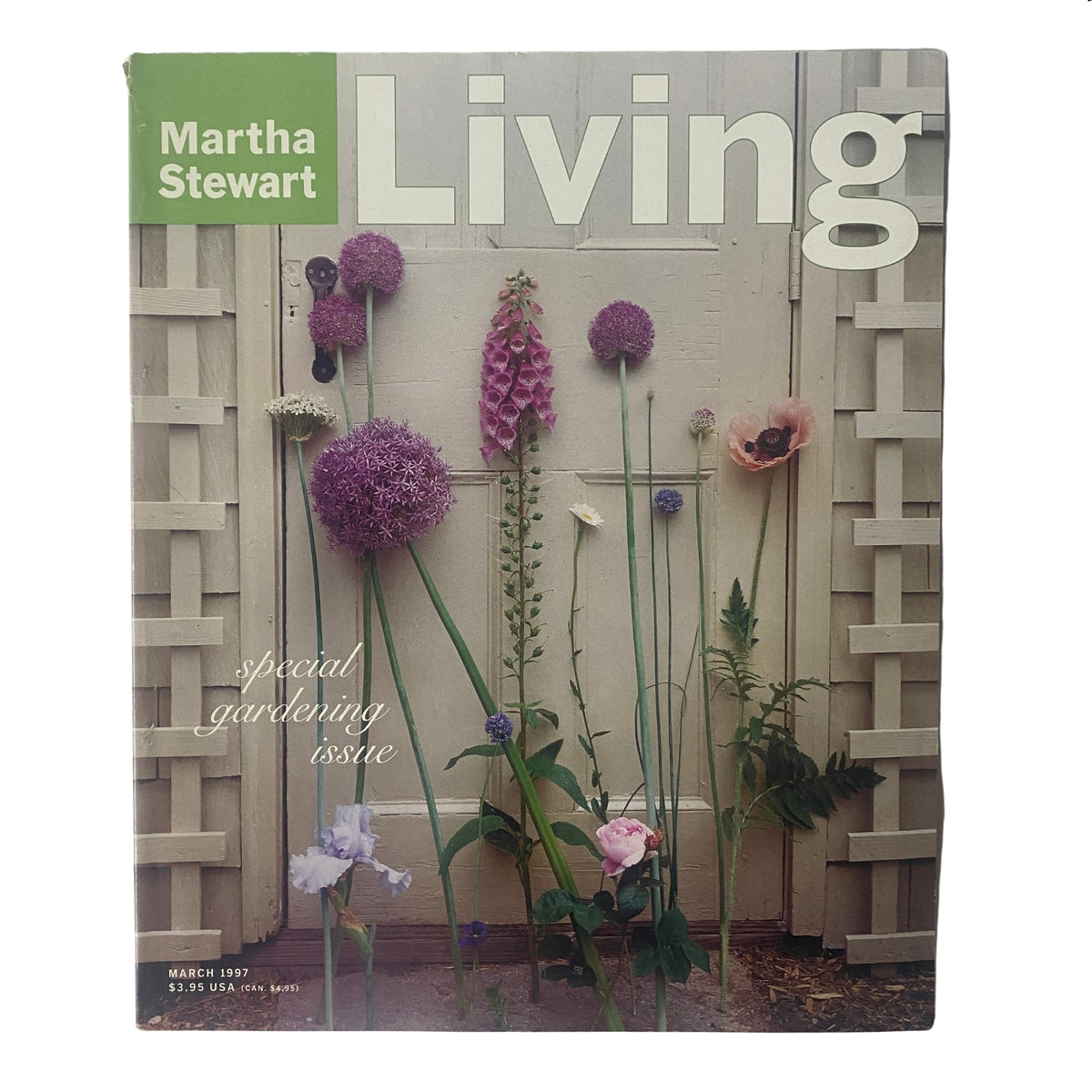 Martha Stewart Living Magazine March 1997 featuring late-spring flowers on the cover with a special gardening issue label, showcasing various colorful blooms against a rustic backdrop.