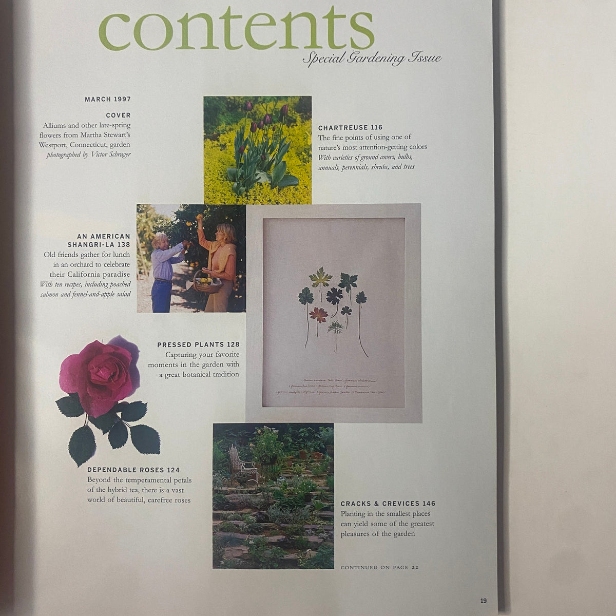 Table of contents from Martha Stewart Living Magazine March 1997, showcasing articles on gardening, late-spring flowers, pressed plants, and decorative ideas.