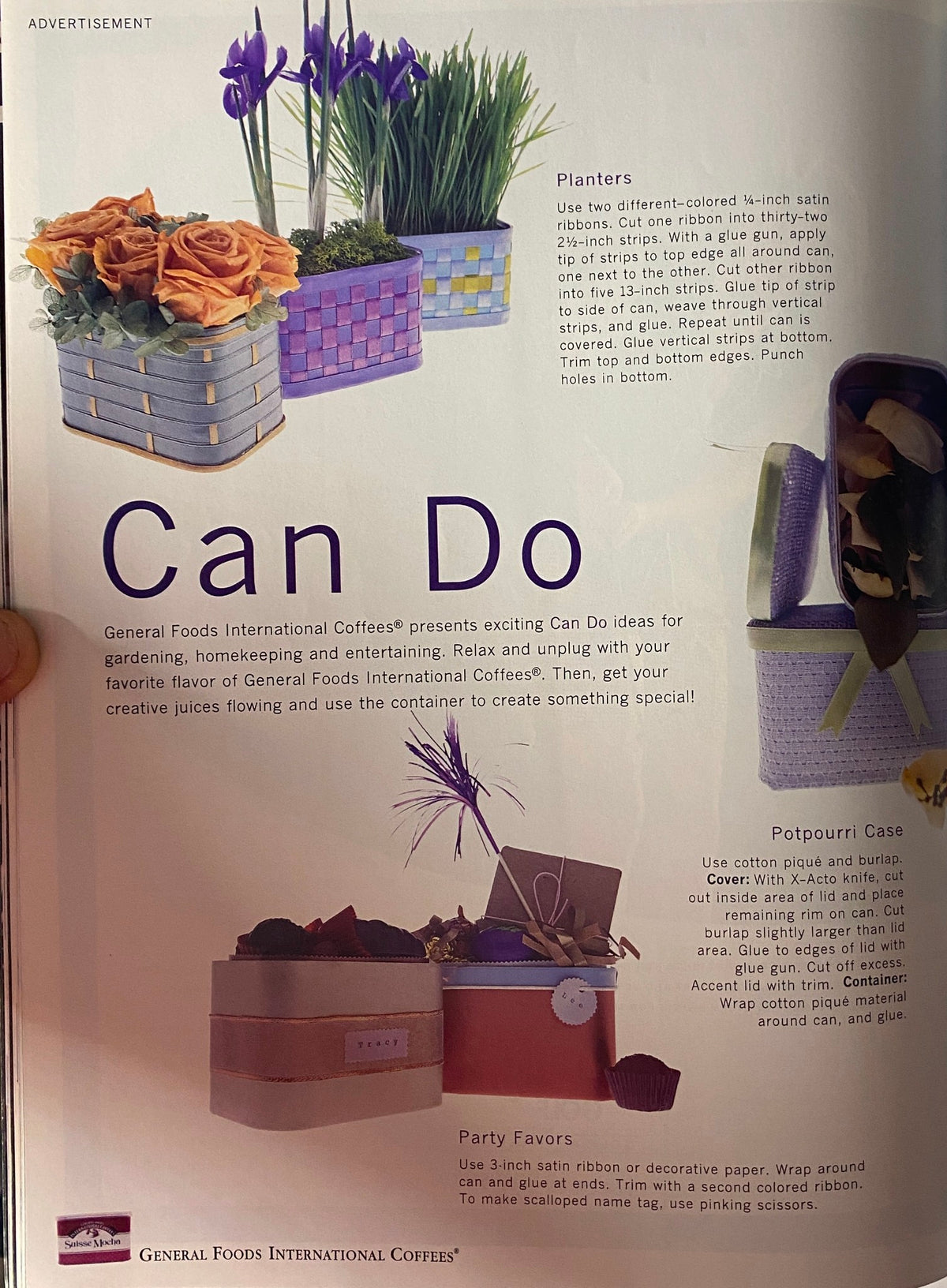 Creative gardening and decorating ideas advertisement from Martha Stewart Living Magazine March 1997, featuring planter designs using satin ribbons and various floral arrangements.