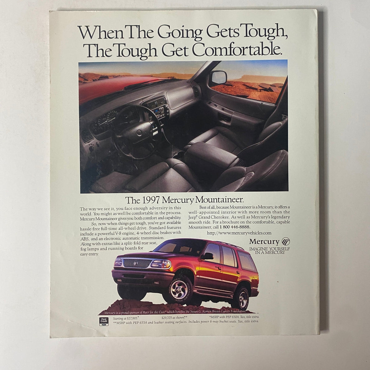 Automotive advertisement featuring the 1997 Mercury Mountaineer, highlighting its interior comfort and off-road capability, from Martha Stewart Living Magazine March 1997.