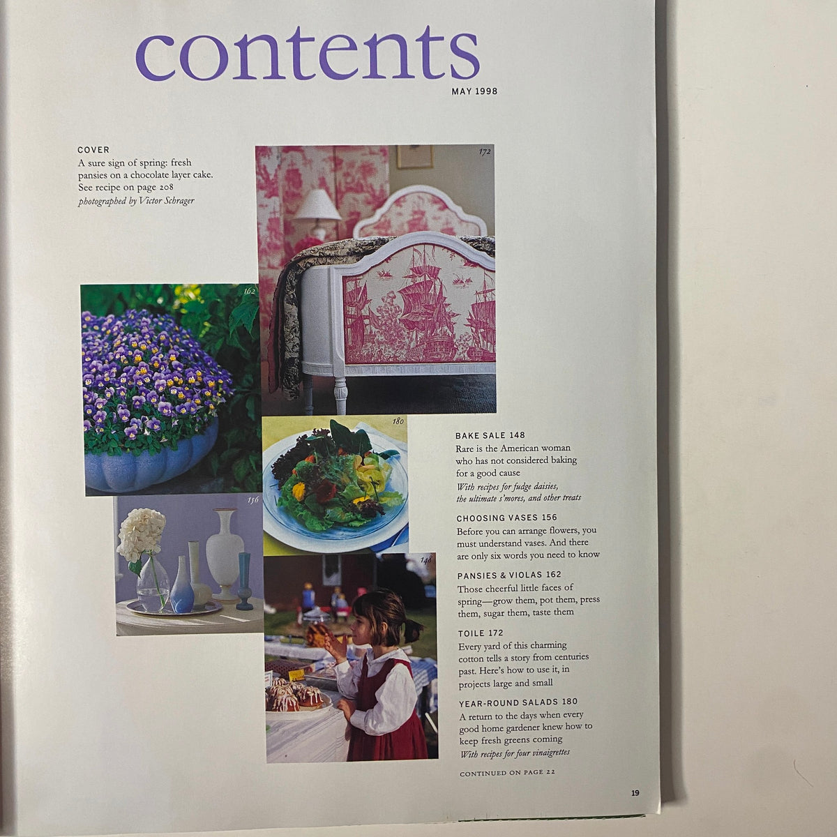 Contents page of Martha Stewart Living Magazine May 1998 highlighting articles on baking, choosing vases, and seasonal gardening.