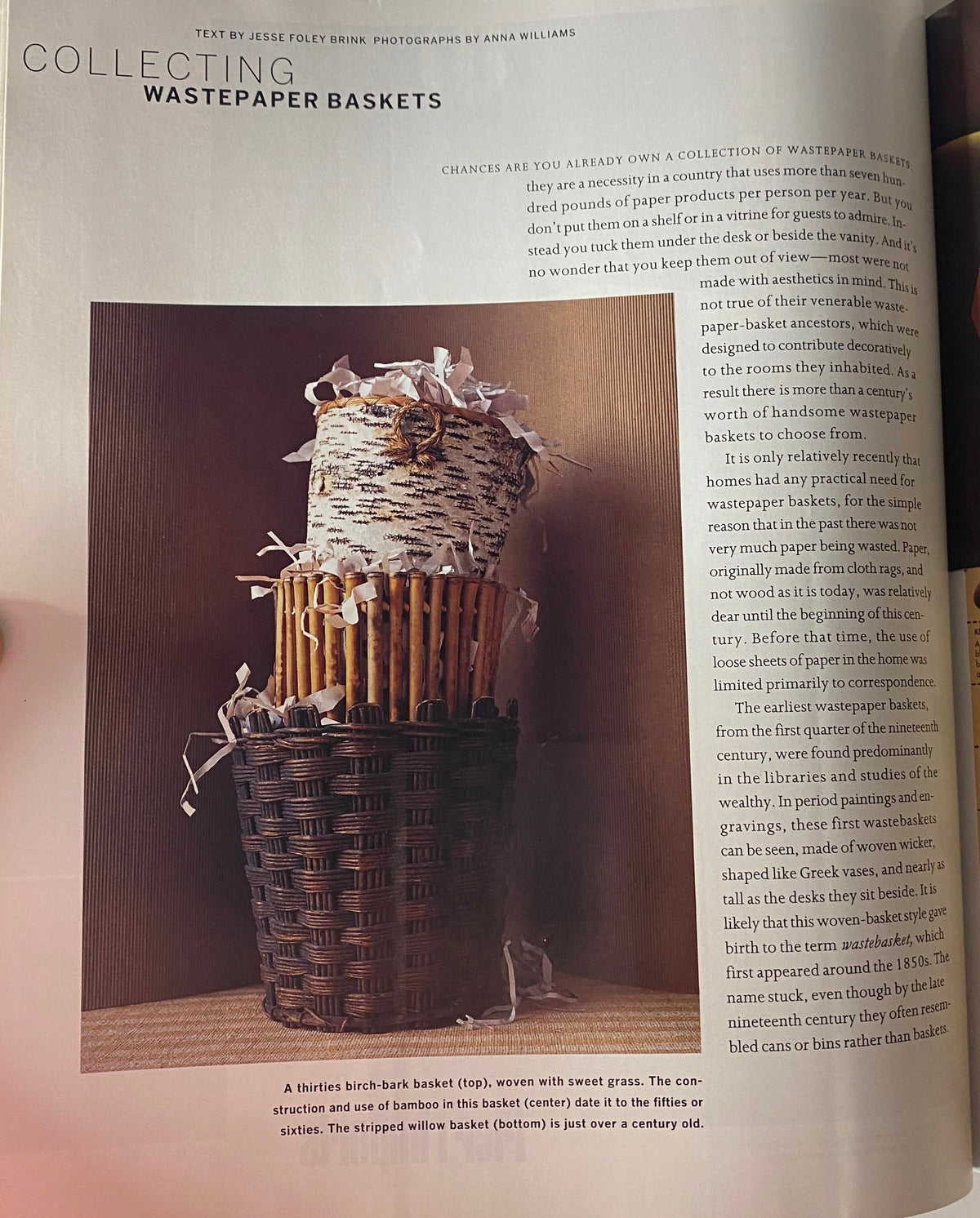 Article page from Martha Stewart Living Magazine September 1999 Decorating Issue discussing the collection of wastepaper baskets with images and detailed descriptions.