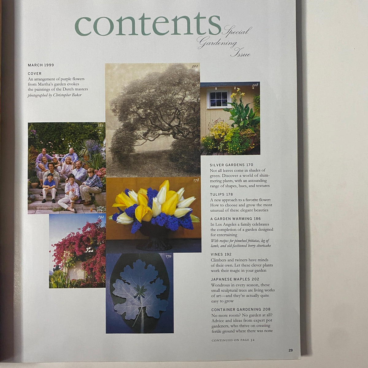Table of contents from Martha Stewart Living Magazine March 1999 Special Gardening Issue, highlighting articles on gardening techniques, floral arrangements, and plant care.